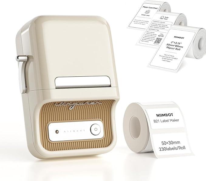 NIIMBOT B21 Label Maker, 2 Inch Portable Thermal Label Printer, Label Maker Machine with Tape, Compatible with Android, iOS & PC,Labeling for Home Storage Office and Small Business,Off-White