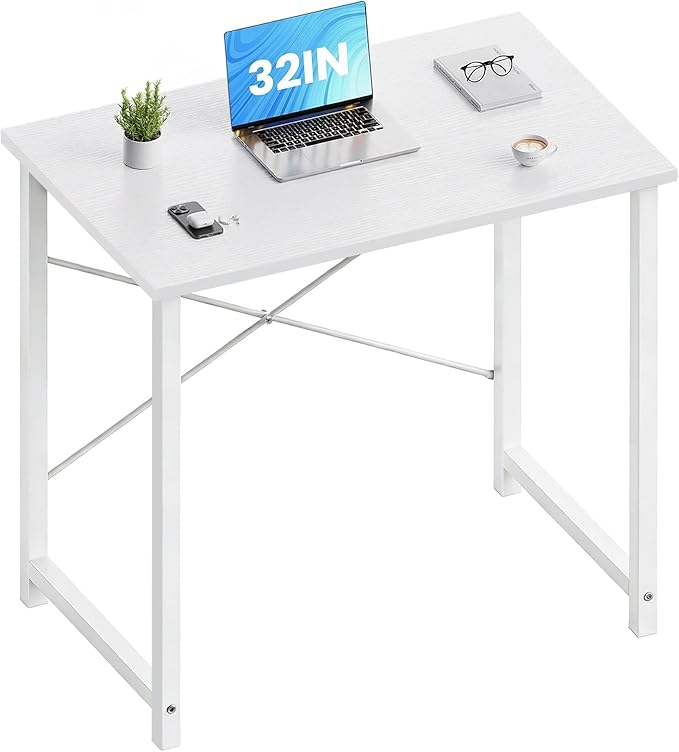 OLIXIS Small Computer Desk for Home Office, 32 Inch White Writing Desk for Small Spaces, Study Table with X-Shaped Reinforcement, Sturdy Bedroom Table with Scratch-Resistant Tabletop & Metal Frame