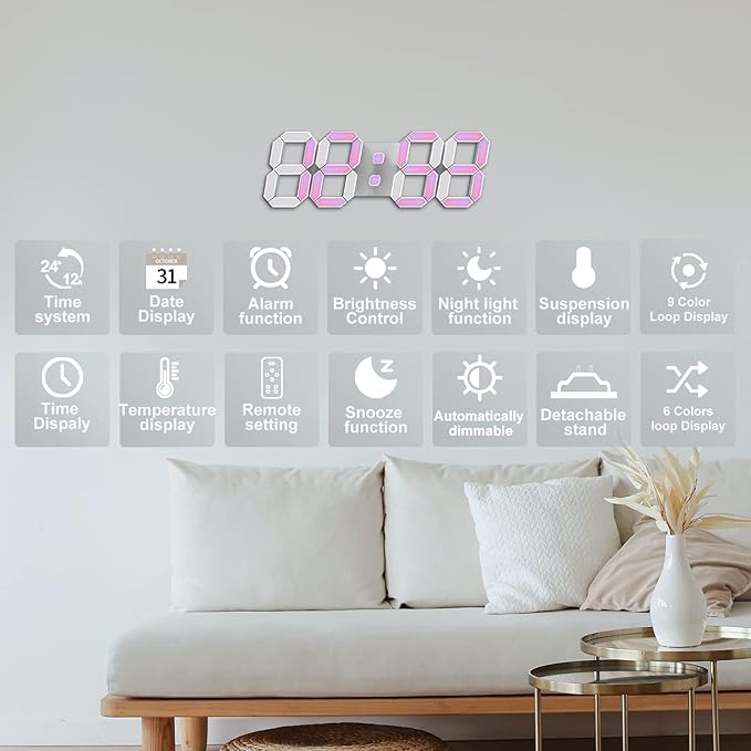 Deeyaple Led Digital Alarm Clock 3D Small Wall Clock Snooze Dimmable Time Memory 12/24 Date Temperature Remote Control Night Light Office Kitchen Living Room Bedroom (9.7 Inch, Multicolor)