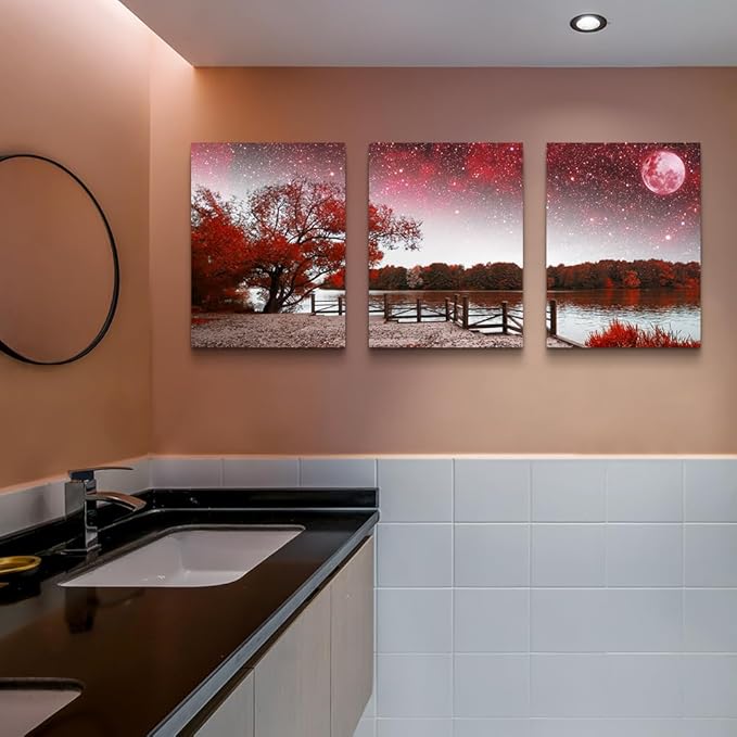 Wall Art Decor Poster Living Room Abstract Red Tree Moon Starry Sky Red Landscape Paintings Bathroom Wall Art Bedroom Canvas Prints Works 3 Pieces Picture Ready To Hang Office Home Decoration Artwork