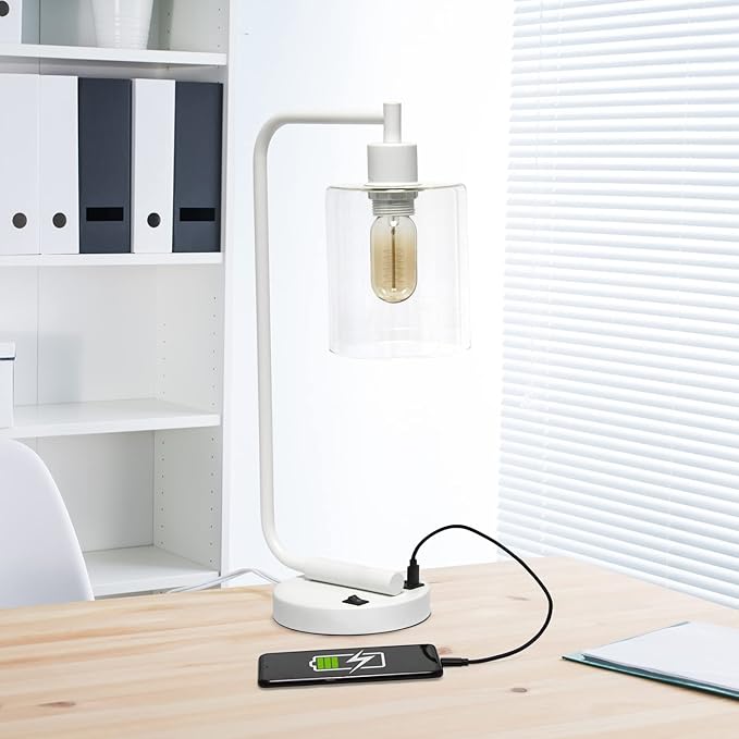 Simple Designs LD1066-WHT Bronson Antique Style Industrial Iron Lantern Desk Bedside Table Lamp with Dual 2 USB Charging Ports and Glass Shade, White