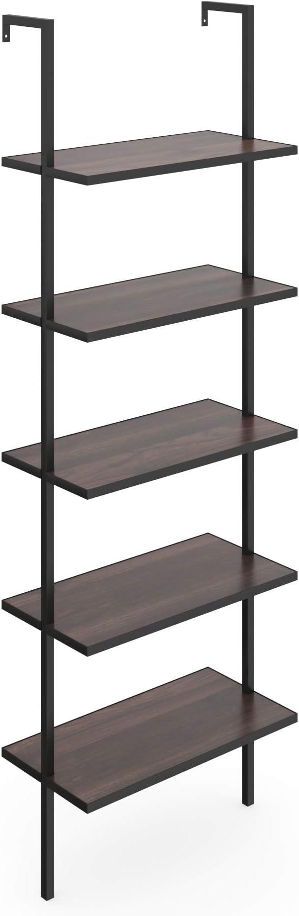 Nathan James Theo 5-Shelf Wood Modern Bookcase, Open Wall Mount Ladder Bookshelf with Industrial Metal Frame, Brown Walnut/Black