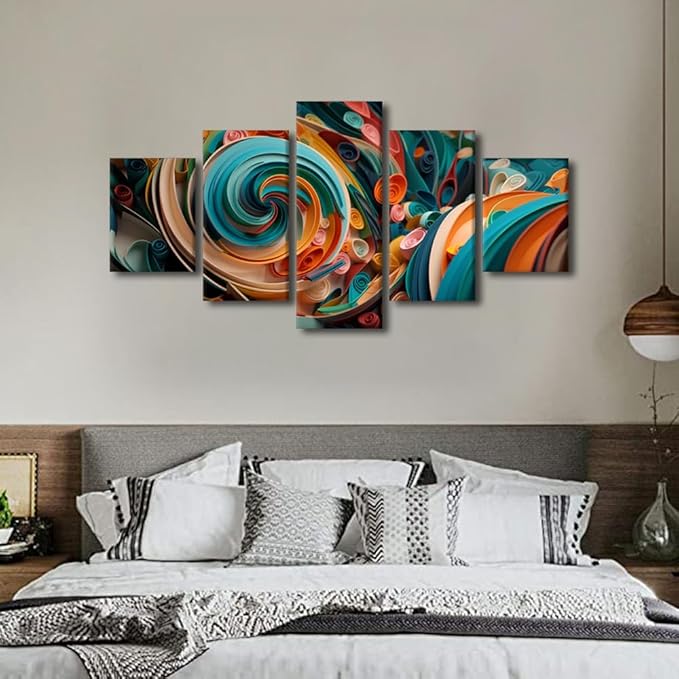 Wall Art Decor for Men Living Room Canvas Wall Art 5 Panel Abstract Canvas Wall Art Modern Colorful Paper Swirls Pster Printing for Lady Office Wall Decor Stretched and Framed Ready to Hang 60x32 in