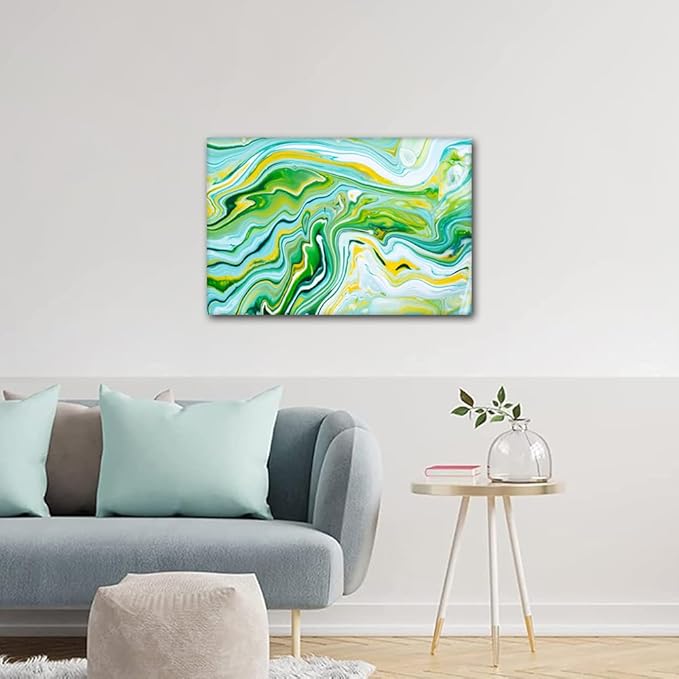 Modern Canvas Artwork 1 Panel Canvas Wall Decor Blue Yellow and Green Overflowing Colors Poster Printing for Men Lady Living Room Bedroom Canvas Wall Decor Stretched and Framed Ready to Hang 24x16 in