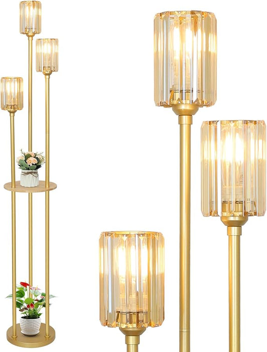 HMVPL Gold Standing Lamp with Shelf, Vintage Floor Lamp for Living Room, Retro Floor Lamp with Table, Mid Century Tall Lamp with Amber Crystal Shade, On/Off Switch, Brass Boho Corner Lamp for Bedroom
