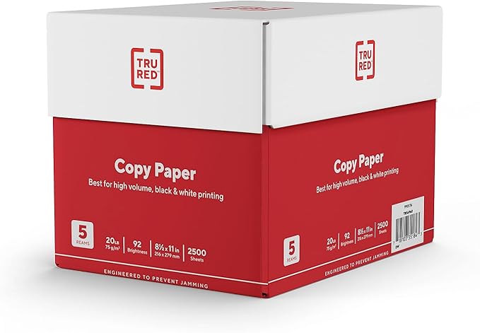TRU RED Copy Paper, 8.5" x 11" Sheet Size, 92 Brightness, 20 lbs., Smooth Finish White Paper (500 Sheets/Ream)