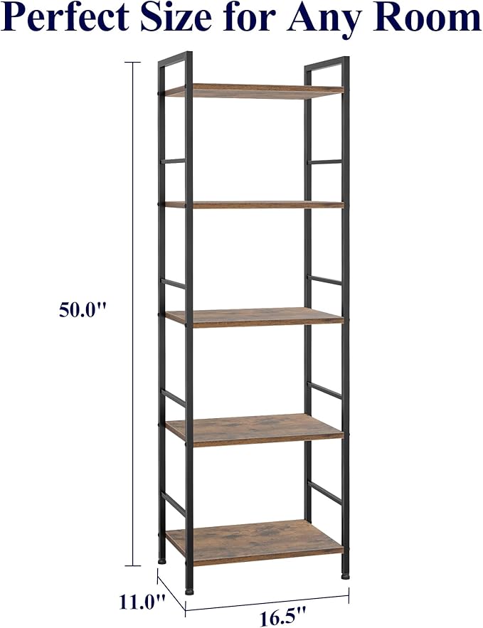Kitsure 5-Tier Book Shelf - Wood & Metal Bookshelf with Handle & Adjustable Feet, Lightweight Bookcase for Living Room, Bedroom, Kitchen, Office or Dorm (16.5"×11.0"×50")