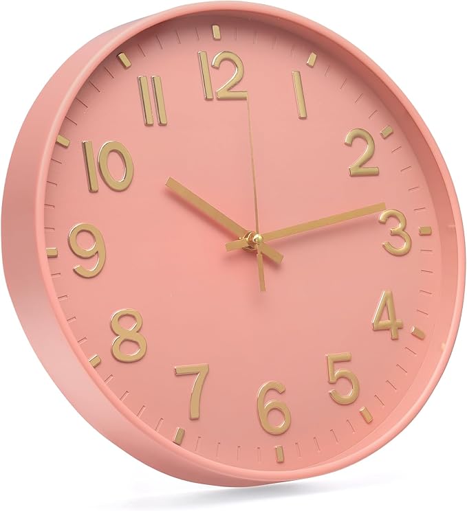 Wall Clock 12 Inch Pink Modern Simple Quartz Decorative Clock Non-Ticking Silent Battery Operated Round Wall Clocks Trendy and Practical Best Gift for Living Room Bedroom Kitchen Office