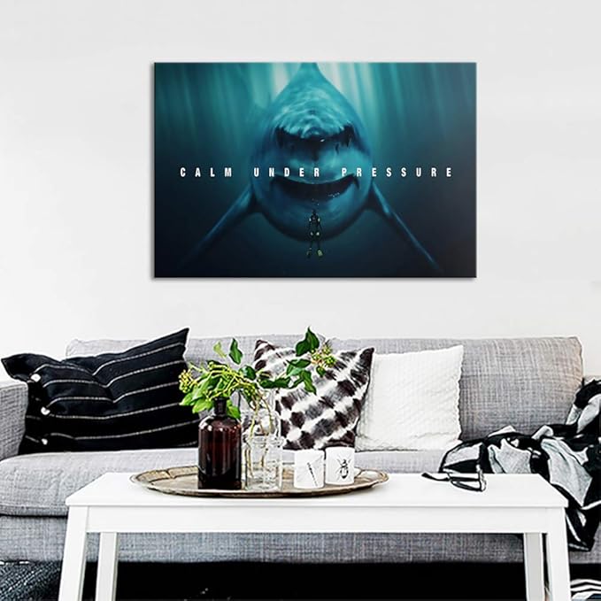Life Office Motivational Poster Wall Art Calm Under Pressure Shark Seascape Explore Picture Oil Painting on Canvas Wood Framed Modern Gallery Art Living Bedroom Home Office Wall Decor-36''Wx24''H