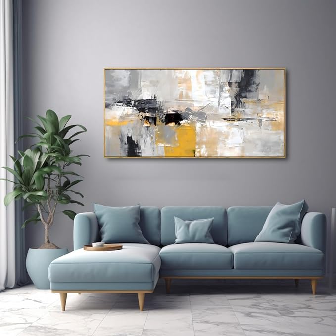 Wall Art Yellow Black White and Grey Modern Artwork for Living Room Bedroom Dining Room Home Office Decor 20"x40" with Framed