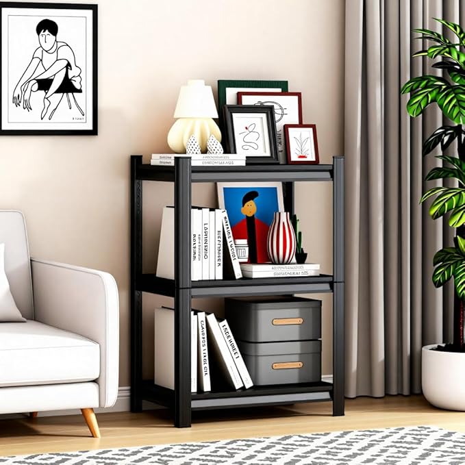 3 Tier Shelf Small Bookshelf 16" Width Free Standing Shelf Adjustable Shelf Unit for Small Spaces Industrial Metal Book Shelves for Home, Office, Living Room,32''Hx16''Wx16''D,Black
