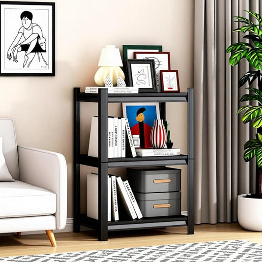 3 Tier Shelf Small Bookshelf 16" Width Free Standing Shelf Adjustable Shelf Unit for Small Spaces Industrial Metal Book Shelves for Home, Office, Living Room,32''Hx16''Wx16''D,Black