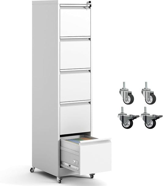 5 Drawer File Cabinet with Wheels,Metal Mobile Filing Cabinets with Lock,White Rolling File Cabinet for Home Office,Heavy Duty Storage Cabinet for A4/Letter/Legal Size File,Assembly Required