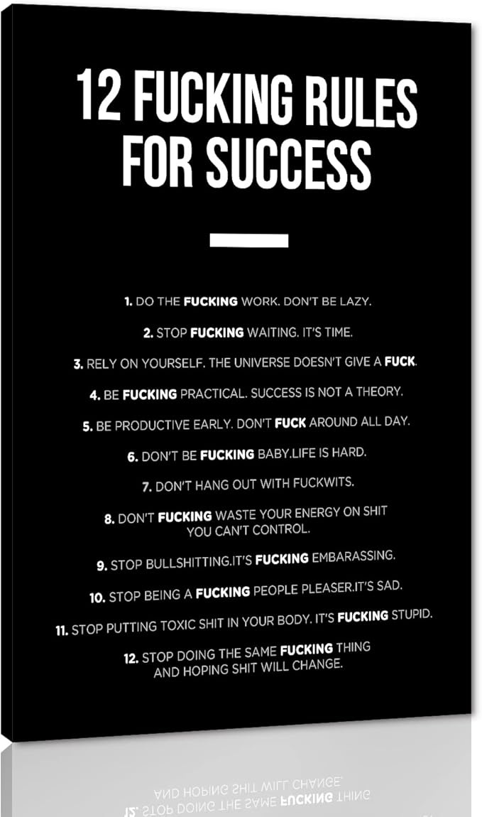 12 Fucking Rules for Success Entrepreneur Quotes Art Black and White Motivational Office Art Success Wall Art Inspirational Wall Decor Painting, Framed 24" x 36"
