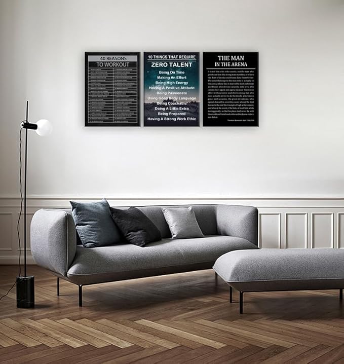 WYJZDZQ8 The Man In The Arena Inspirational Canvas Office 3 Panel Print Wall Art Motivational 40 Reasons to Workout Poster Painting Modern Inspiring Artwork for Home Classroom Decor[36''Wx 16''H]