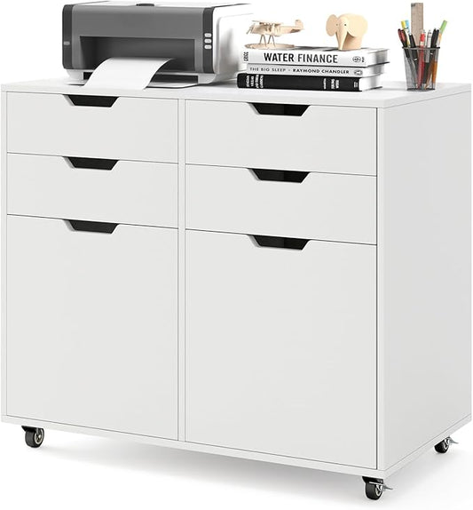 White File Cabinet with 4 Drawers and 2 Doors, Under Desk Mobile Storage Organizer, Wooden Printer Stand on Wheels, 29" Lateral Filing Cabinet for Home Office Living Room