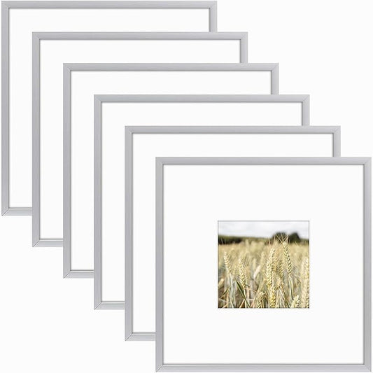 Golden State Art, Gallery Wall Frame Set of 6 - Silver 8x8 Aluminum Photo Frames with Mat for 4x4 Pictures - 8 x 8 inch Metal Frame with Real Glass Cover - Elegant Home or Office Decor