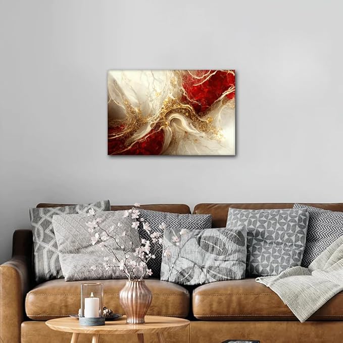 Wall Art for Living Room Abstract Backdrop Canvas Poster 1 Panel Wall Decor Red and Gold Colors Marble Art Picture Prints on Canvas for Men Bedroom Wall Decoration Framed Ready to Hang 24x16 in