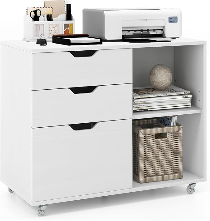 3 Drawer File Cabinet, Wood Lateral Filing Cabinet for Hanging Letter, A4, Legal Size, Rolling Printer Stand with Adjustable Shelf, Under Desk Storage for Home Office (White)
