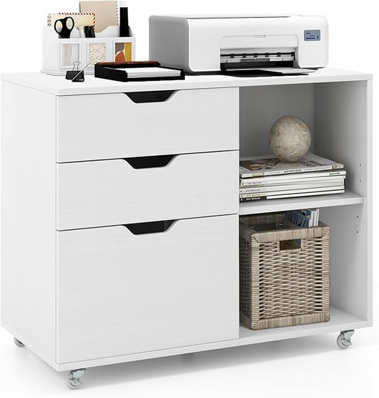 3 Drawer File Cabinet, Wood Lateral Filing Cabinet for Hanging Letter, A4, Legal Size, Rolling Printer Stand with Adjustable Shelf, Under Desk Storage for Home Office (White)