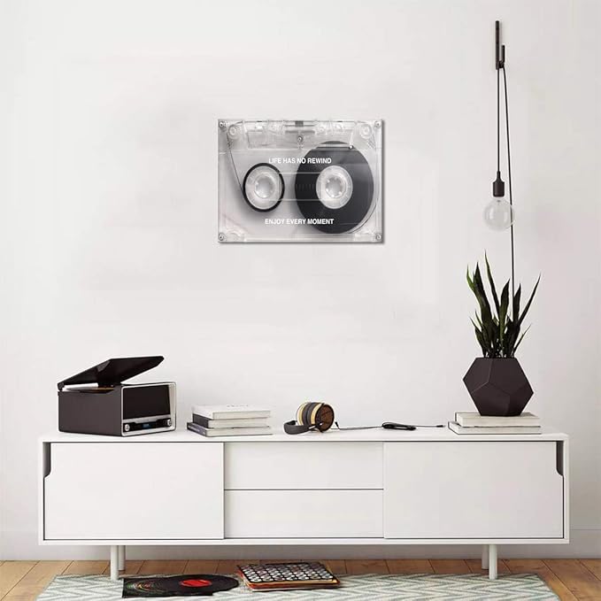 Yatsen Bridge Black and White Music Wall Art with Life Has No Rewind Enjoy Every Moment Motivation Words,Pop Culture Abstract Cassette Wall Painting Stretched and Framed Ready to Hang-18"X24"