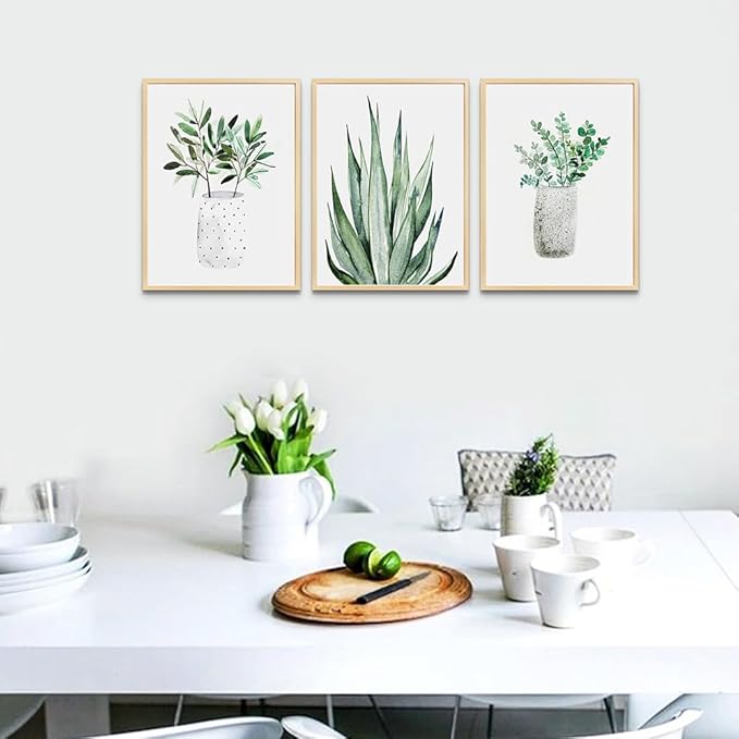 Natural Wood Framed Wall Art Painting For Dining Room Family Wall Decor For Bedroom Wall Decoration Living Room Decor Art Green Leaf Pictures Artwork For Home Walls Large Size Framed Art Prints