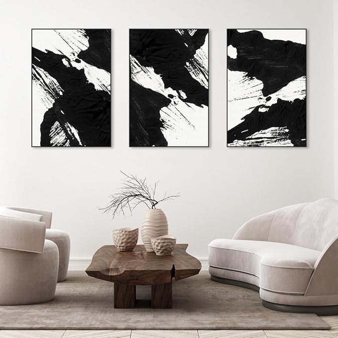 Wall Art Framed Canvas Posters Prints Black White Abstract Shapes Minimalist Illustrations Modern Art Boho Decor large size 24"x32"x3 Panels Art Decor for Living Room Bedroom Office Wall Decorations