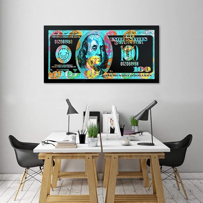 Abstract Color Graffiti Dollar Money Wall Paintings 100 Dollar Bill Wall Art Office Wall Art Canvas Artwork Vintage Money Large 1 Panel Artwork for Wall Decoration Paintings Easy to Hang-48"Wx24"H