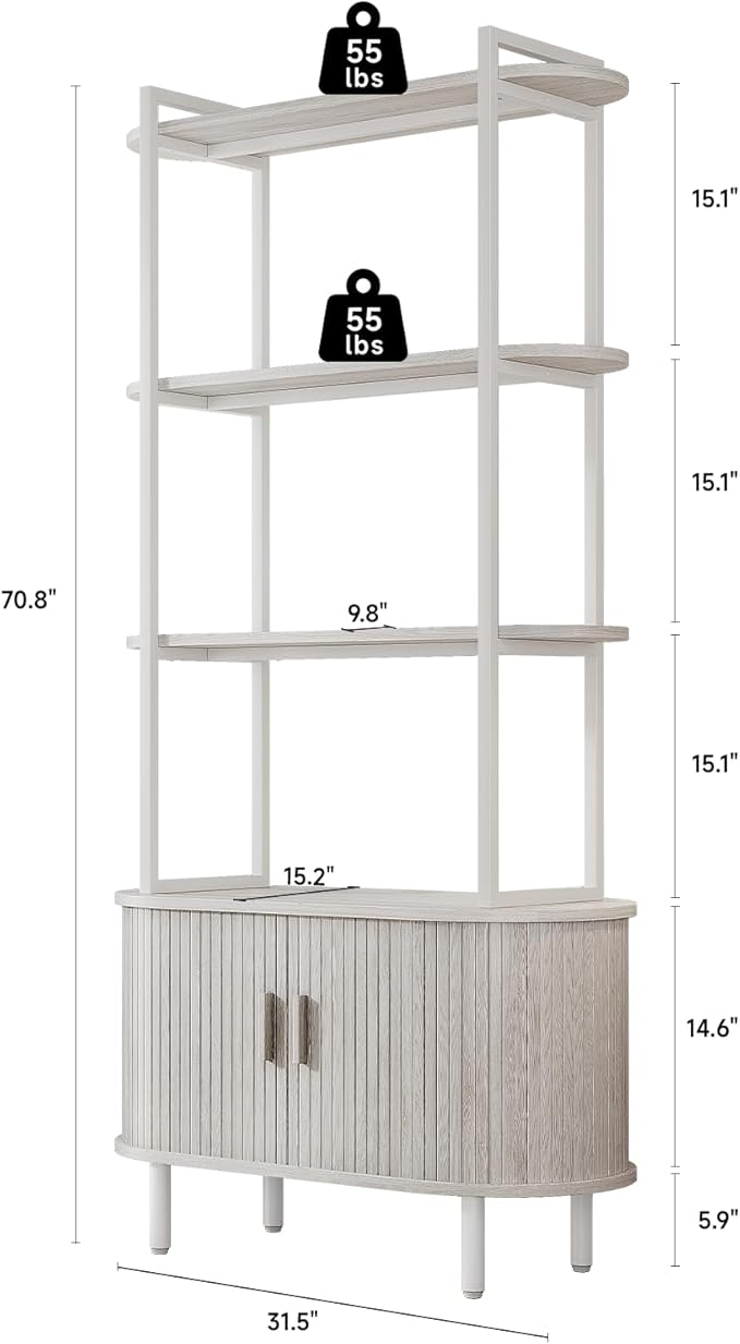 5 Tier Tall Bookshelf with Cabinet, Fluted Bookcase with Sliding Door, Metal and Wood Display Shelf, Free Standing Storage Shelving Unit, Corner Storage Organizer for Living Room, Home Office, White