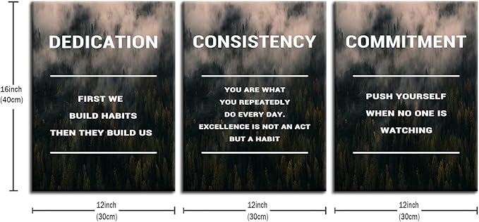 Motivational Canvas Wall Art Office Decor Dedication Consistency Commitment Quotes 3 Pieces Inspirational Posters Print Artwork for Home Bedroom Bathroom Wall Picture Ready to Hang [36''W x 16''H]