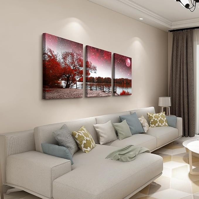 DZRWUBHS Red Tree Landscape Wall Paintings Large Canvas Wall Art For Living Room Modern Wall Decoration For Office Bedroom Decor Inspiration Abstract Pictures Prints Artwork Room Home Decor 3 Piece