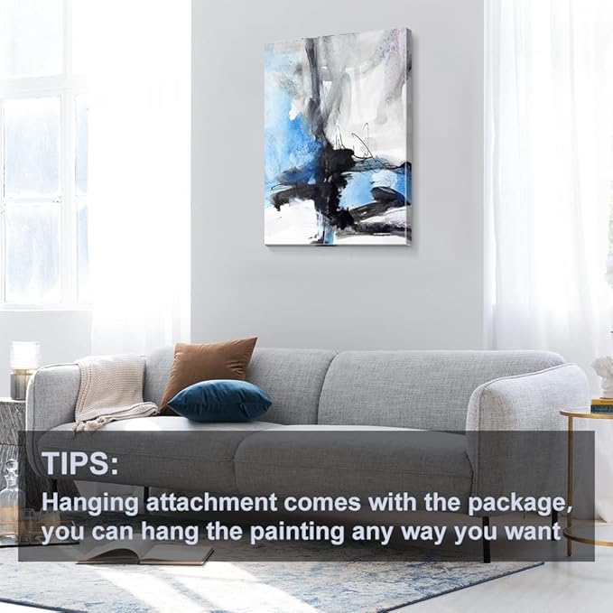 Large Abstract Canvas Wall Art Modern Aquarelle Art Paintings Black and Blue Fantasy Colorful Graffiti on White Background Minimalist Artwork Decor for Living Room Bedroom Corridor Framed 36x24in