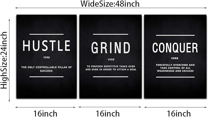 BWSPACE Inspirational Wall Decor, Motivational Canvas Wall Art, grind hustle wall art 3 Pieces Wall Art Decorations for Office Living Room and Bedroom Decor (48" W x 24" H, HGC)