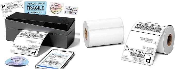 249BT Thermal Label Printer 4x6&500Pcs 4x6 Thermal Shipping Label(2 Rolls of 250 4x6 Roll Labels),Shipping Label Printer for Small Business, Shipping Packages, Office, Home, Compatible with PC&Phone