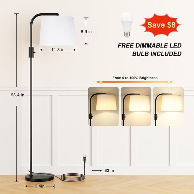 Ambimall 𝐅𝐮𝐥𝐥𝐲 𝐃𝐢𝐦𝐦𝐚𝐛𝐥𝐞 Floor Lamp - Floor Lamps with 9W 𝐋𝐄𝐃 Bulb, Standing Lamps for Living Room with Adjust Head, Modern Standing Tall Light Rotary Switch for Office(Black and White)