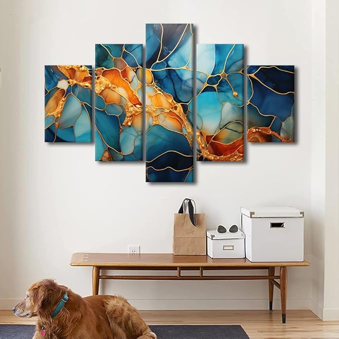 Canvas Wall Art Decor Abstract Canvas Wall Art Modern 5 Panel Colorful Glass Window Poster Golden Lines Painting Art Prints for Living Room Decoration Stretched and Framed Ready to Hang 60x40 in