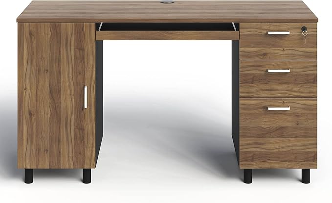 Modern Design Venice Computer Office Desk with 3 Locking Drawers and Storage Cabinet, 53 Inch Home and Office Executive Walnut and Black Desk with Keyboard Tray by Crafts and Comfort