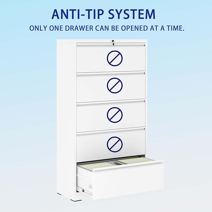5 Drawer Vertical File Cabinet with Lock, Metal Lateral Filing Cabinet with Hanging Letter/Legal/A4 Folders, Locking Steel Cabinet for Home, Office, Assembly Required - White