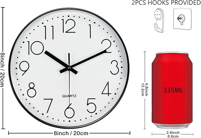 Silent Wall Clocks Battery Operated 8 Inch, Analog Wall Clock with Oversized Number Tempered Glass Clock Face, Black Quartz Non Ticking Wall Clocks for Living Room Bedroom Kitchen Office