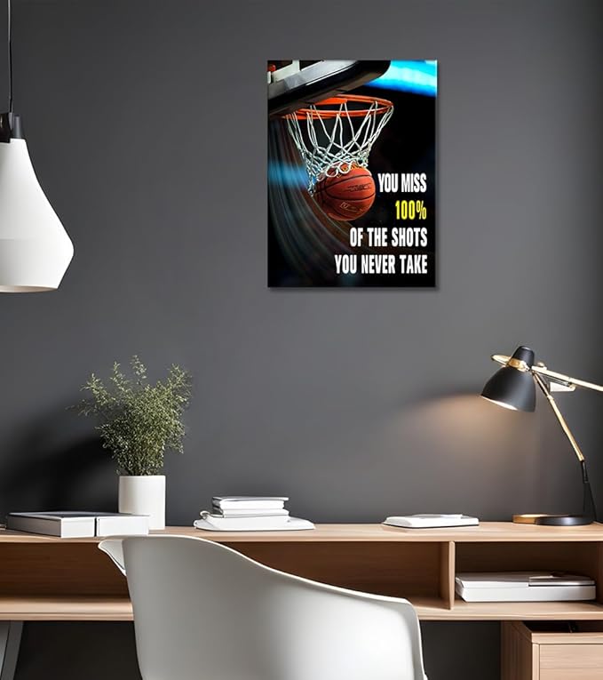 Basketball Sports Canvas Wall Art Inspirational Wall Decor Motivational Poster Inspirational Theme Artwork for Boys Room Bedroom Dormitory Gym Playroom Decoration Framed Easy to Hang - 18x24 inch