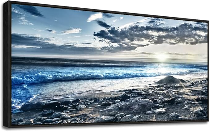 Black Framed Canvas Wall Art - Large Size, Modern Office & Bedroom Decor - Blue Beach Ocean Seascape Prints - 30"X60"