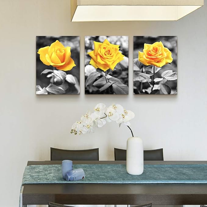 Canvas Wall Art For Bedroom Living Room Wall Decor For Kitchen Office Wall Pictures Artwork Black And White Yellow Rose Flowers Paintings 20" X 28" 3 Pieces Framed Modern Bathroom Home Decor