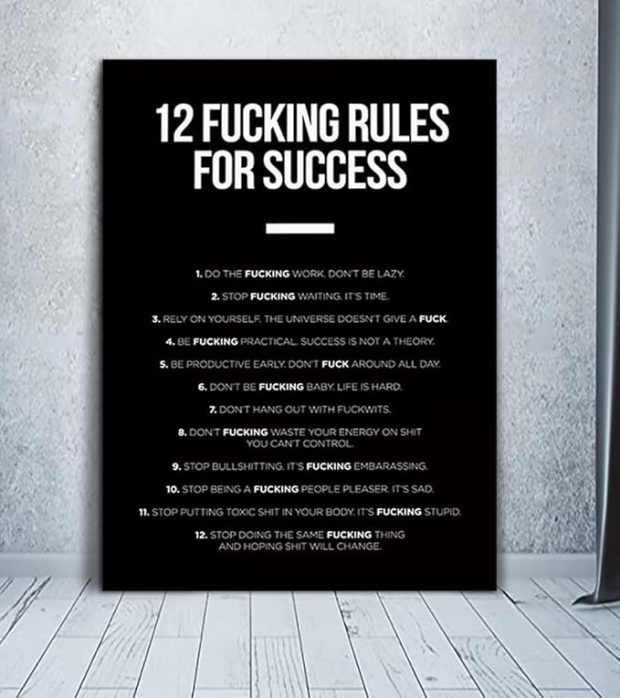 Yatsen Bridge 12 Fucking Rules for Success Canvas Wall Art Black and White Poster Print Success Inspirational Quotes Decor for Living Room Bedroom Man Cave Framed Ready to Hang 36x24 inch