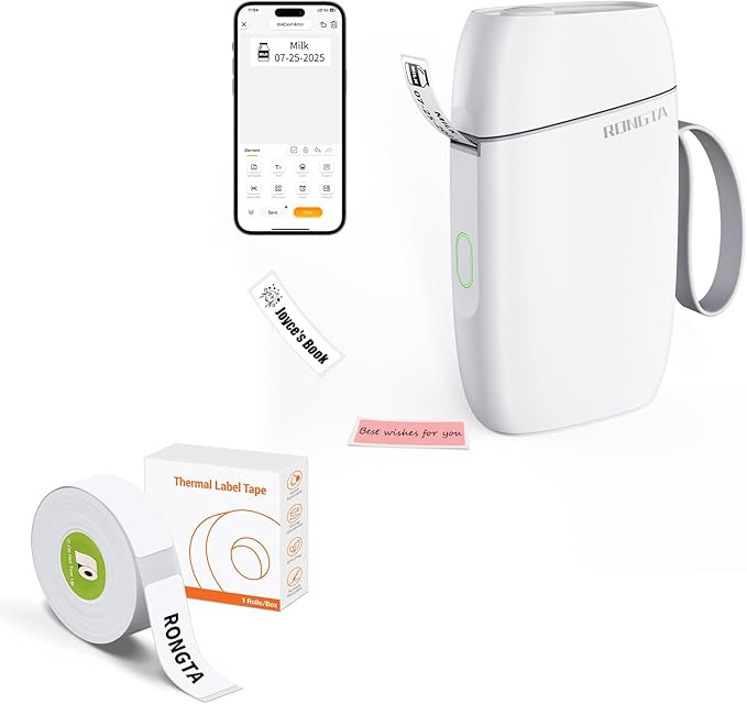 Rongta Label Maker Machine with Tape, Bluetooth Label Printer, Wireless Mini Label Makers with Multiple Templates for Organizing Office Home, (White) with 1 Rolle Replacement Tape (White)