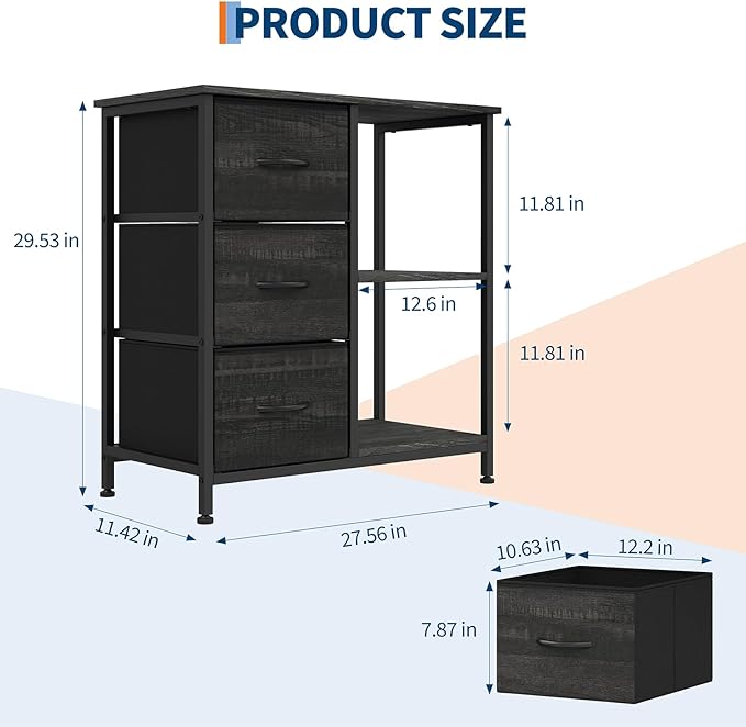 Garvee 3 Drawer File Cabinet, Printer Stand with 2 Open Storage Shelves, Fabric Filing Cabinet Under Desk Office Organizer for Home Office, Modern Storage Solution, Black