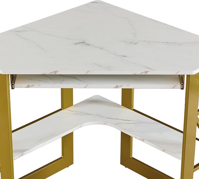 VECELO Corner Desk Computer Desk Writing Table with Smooth Keyboard Tray & Storage Shelves,Compact Home Office Triangle Table,Gold & White