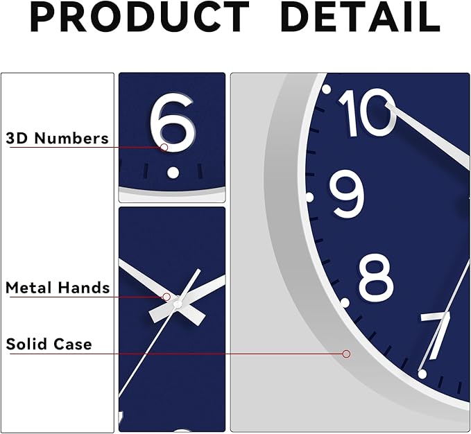 Wall Clock, 10 Inch Silent Wall Clocks Battery Operated-Modern Non Ticking Analog Clock Decorative for Kitchen Bedroom Office Bathroom(Navy Blue)