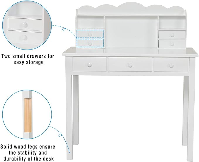 ADORNEVE Writing Desk with 7 Drawers, Home Office Desk with Hutch, Student Desk Study Table, Small White Desks, Solid Pine Wood Legs
