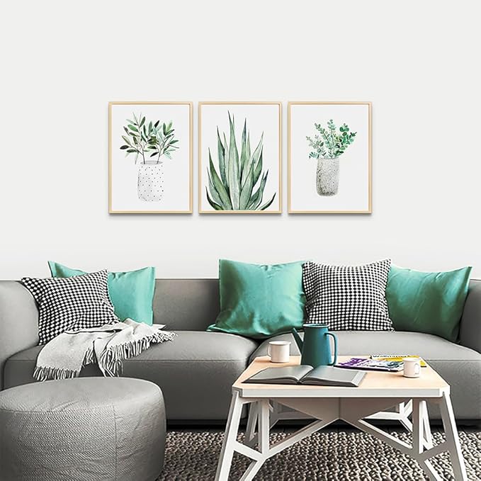 Natural Wood Framed Wall Art For Dining Room Large Wall Decor For Bedroom Kitchen Wall Decoration Living Room Decor Green Leaf Pictures Artwork For Home Walls Painting 3 Piece Framed Art Prints