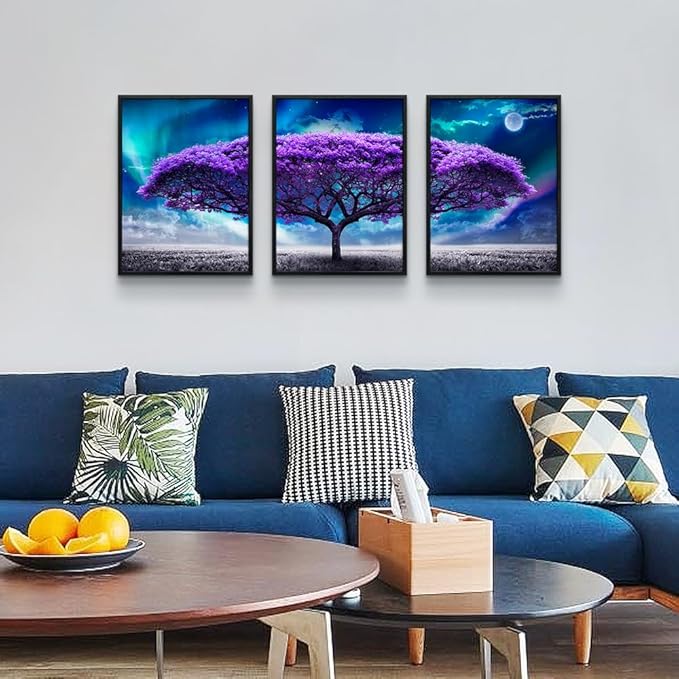 Lapremoly Black Framed Wall Art For Living Room Large Size Decor Bedroom Pictures Aurora Purple Tree Scenery Painting Office Modern Home Decorations Set Of 3 Piece Prints